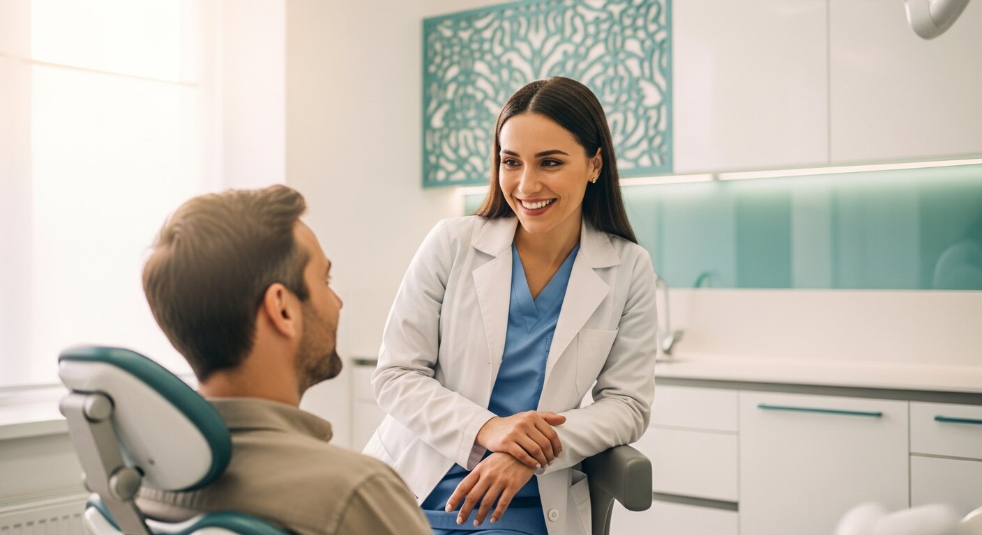 Dental professional consulting with a patient