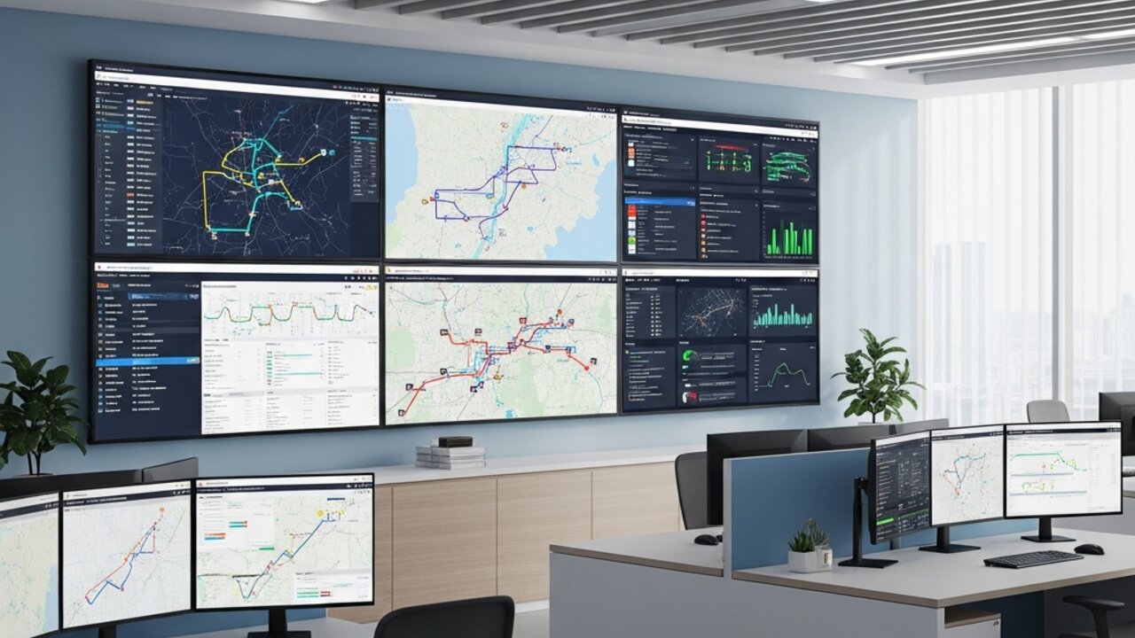 Modern logistics dispatch operations center with route maps and fleet tracking dashboards on wall-mounted screens